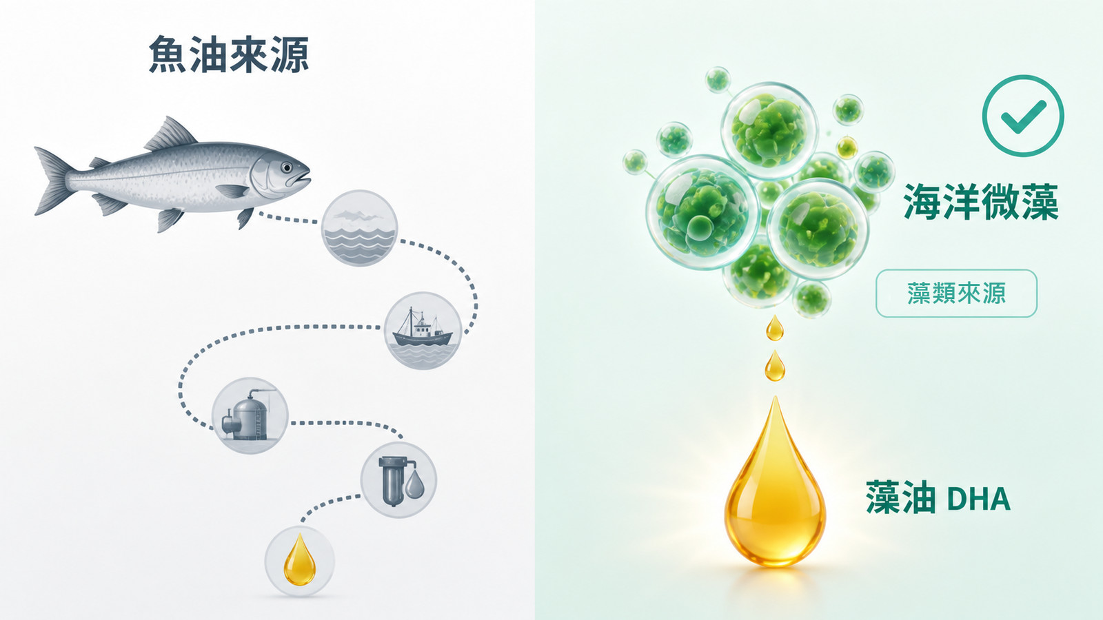 ApoE4 Omega-3 大腦營養來源比較 | 藻油 vs 魚油：左側灰藍色魚油來源萃取需多繞一圈，右側翠綠色海洋微藻細胞直接釋出琥珀色藻油 DHA 油滴，標示為藻類來源並以簡潔勾選標示為 BLNC 選用來源。