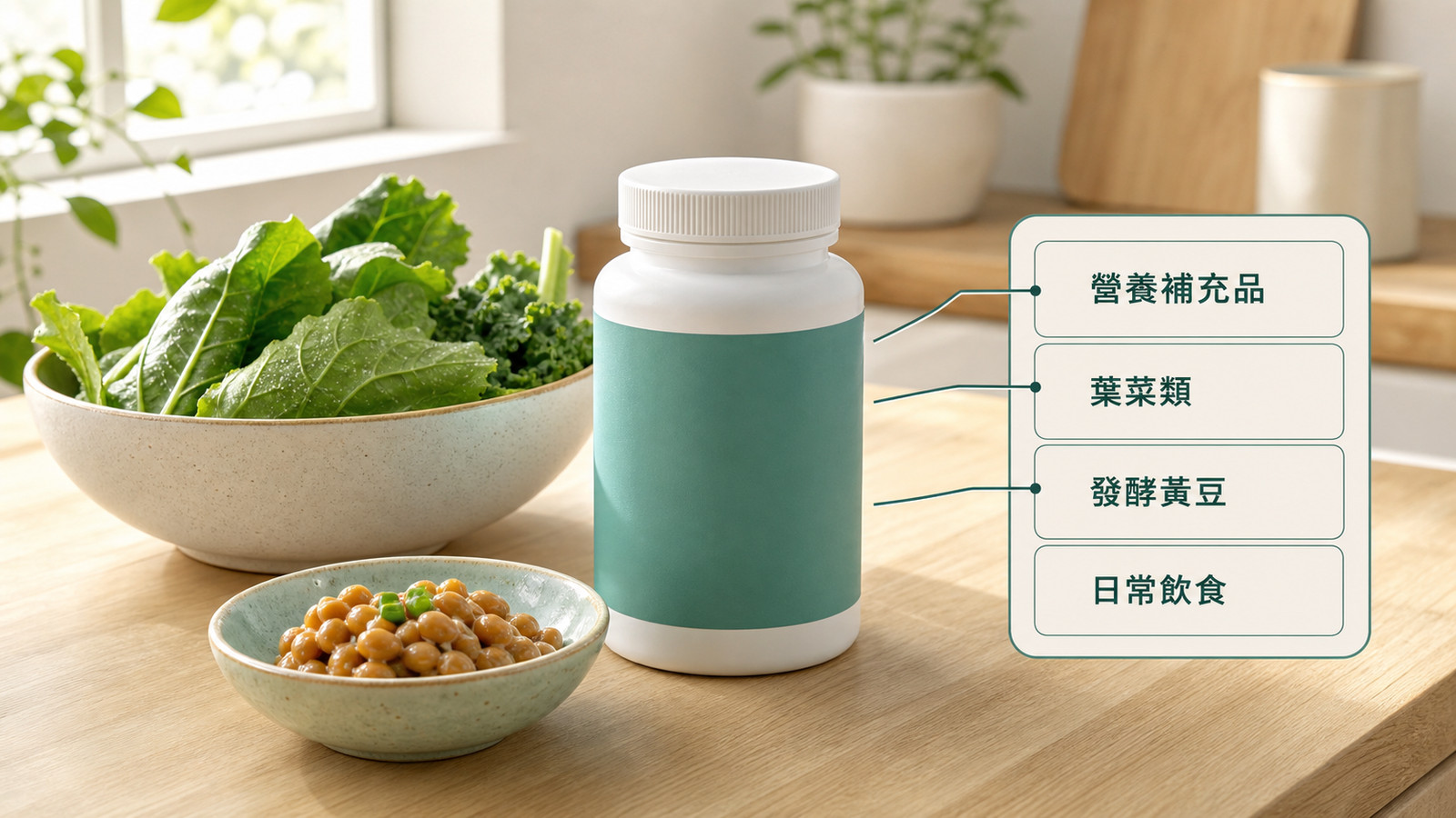 廚房檯面上的鈣片標籤示意圖，教你看鈣 D3 K2 的含量、每日參考值百分比，以及含牛奶製品的過敏原提醒。