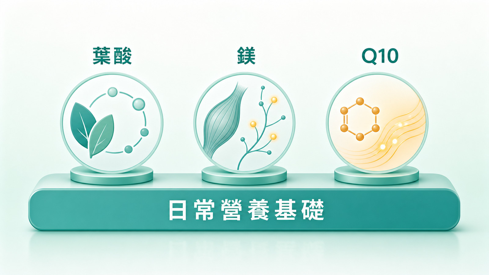 心血管基因檢測中的葉酸、鎂、Q10 生理角色示意：三種營養素各自作為日常營養基礎，呼應營養代謝保養主題。