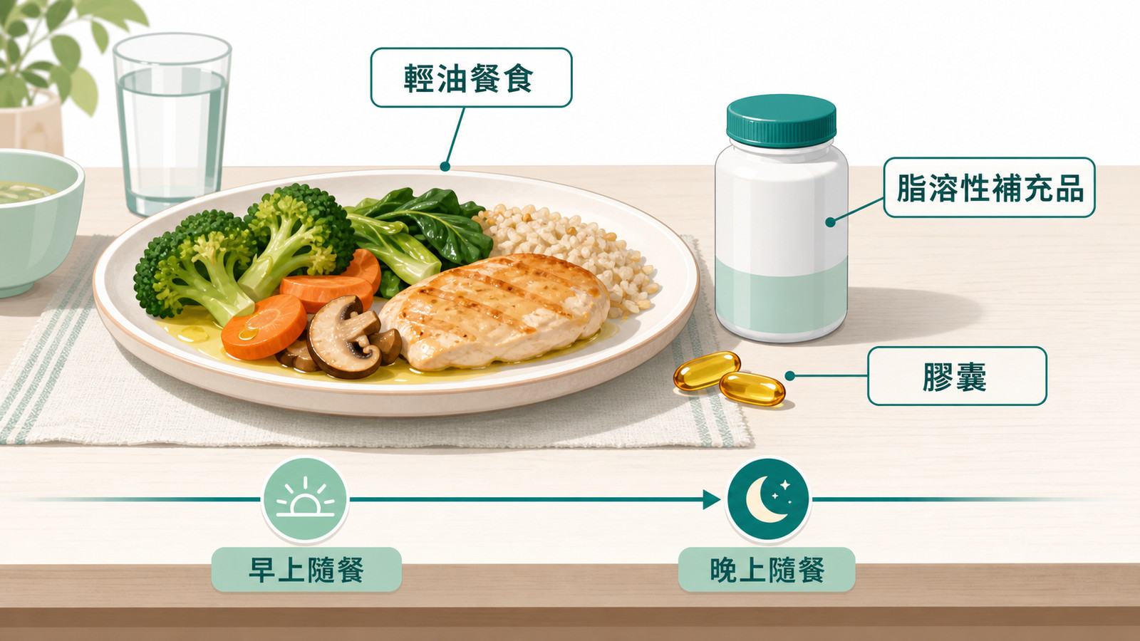 輔酵素 Q10 怎麼吃的示意圖：餐桌上有含油脂的家常菜與保健食品瓶，標示隨餐、分次服用與 Q10 吸收的關係。