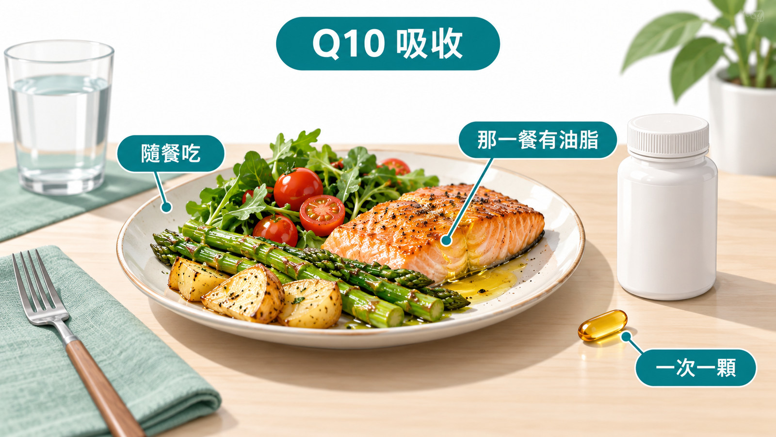 輔酵素 Q10 怎麼吃的示意圖：餐桌上有含油脂的家常菜與保健食品瓶，一顆膠囊隨含油脂的那一餐一起吃。