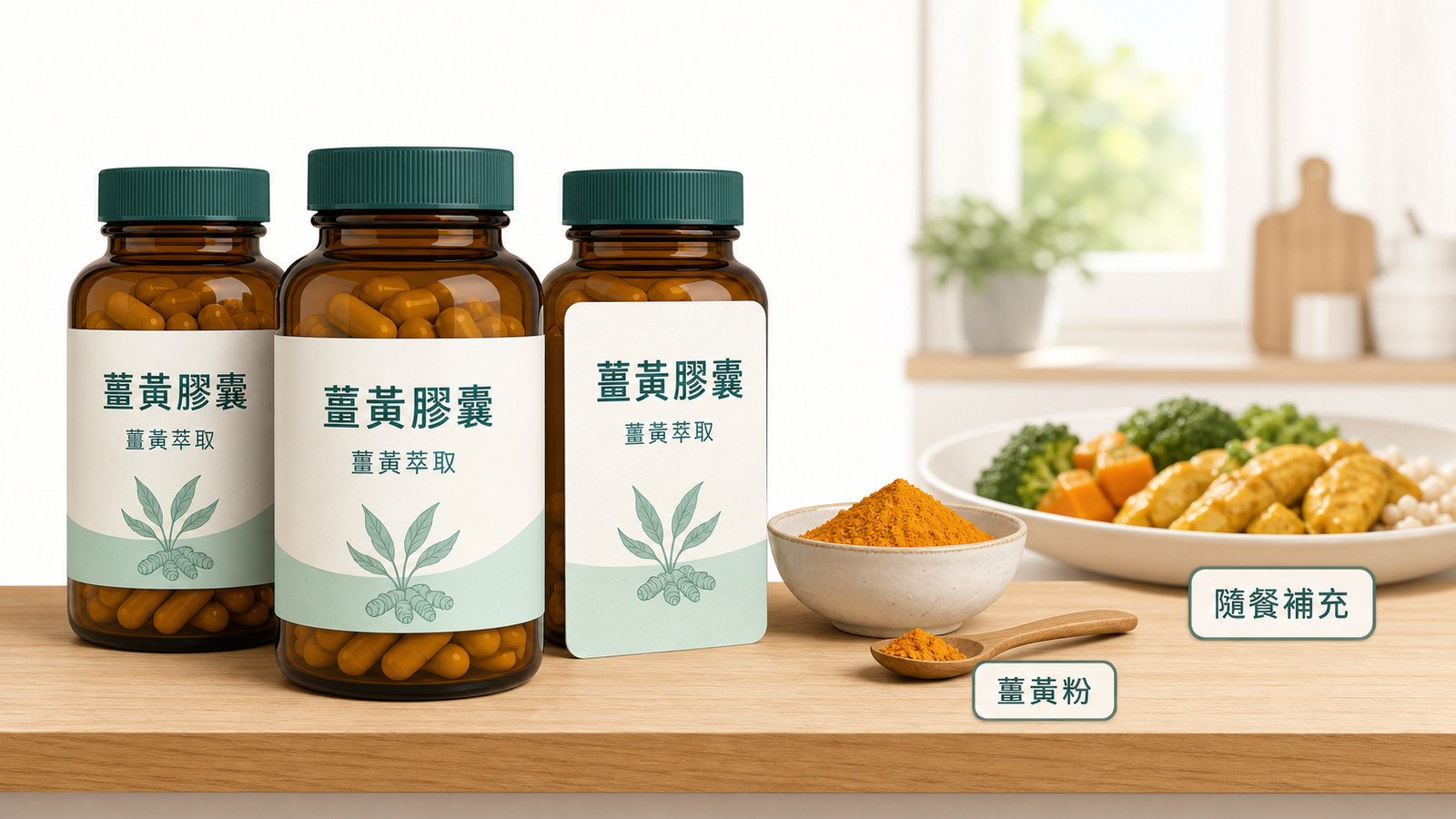 藥局貨架上的薑黃補充品與成分標示示意圖，提醒挑選薑黃補充時核對萃取物規格與標示，並隨餐服用。