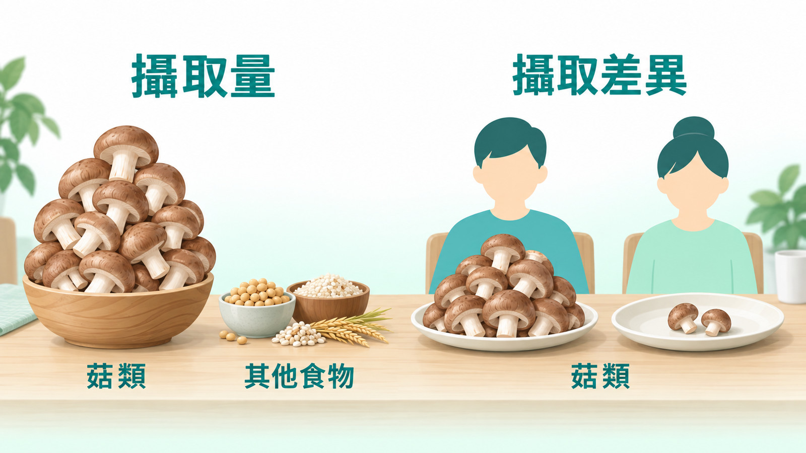 麥角硫因功效 | 麥角硫因攝取來源示意：菇類為主要食物來源，每個人從飲食吃到的量不同（示意）。