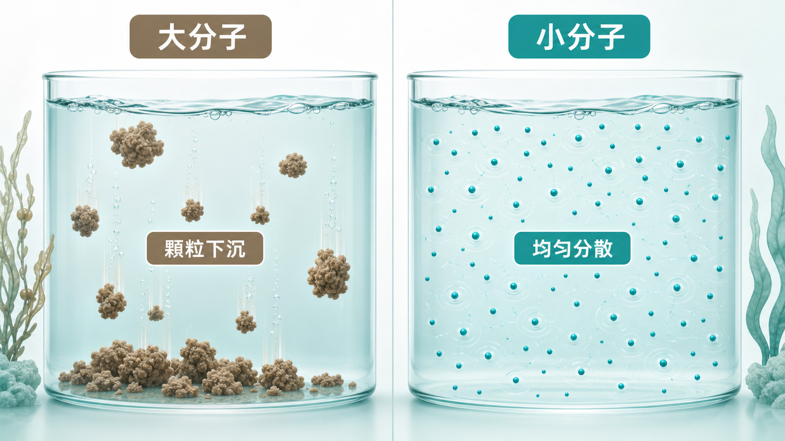 褐藻糖膠功效 | 大分子 vs 小分子：左側大分子顆粒下沉、右側小分子均勻分散，分子量大小影響褐藻糖膠的吸收與海藻保健的挑選。