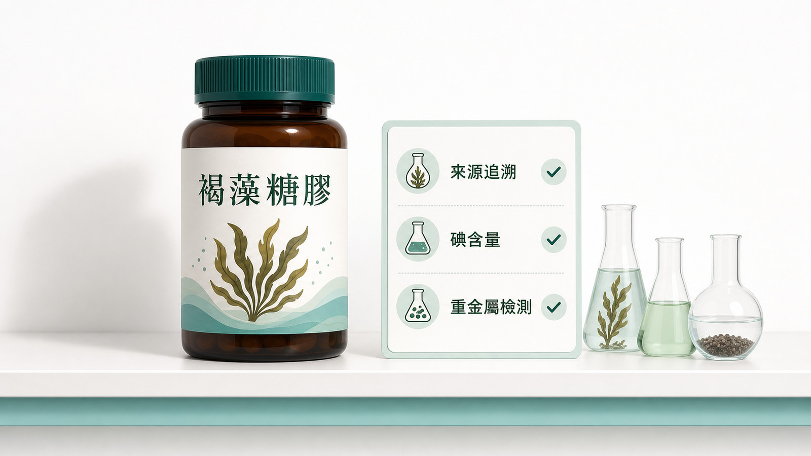 褐藻糖膠怎麼挑的示意圖：一罐褐藻產品旁擺著來源、碘含量與重金屬檢驗的核對清單，說明挑水溶性褐藻多醣時該看的把關項目。