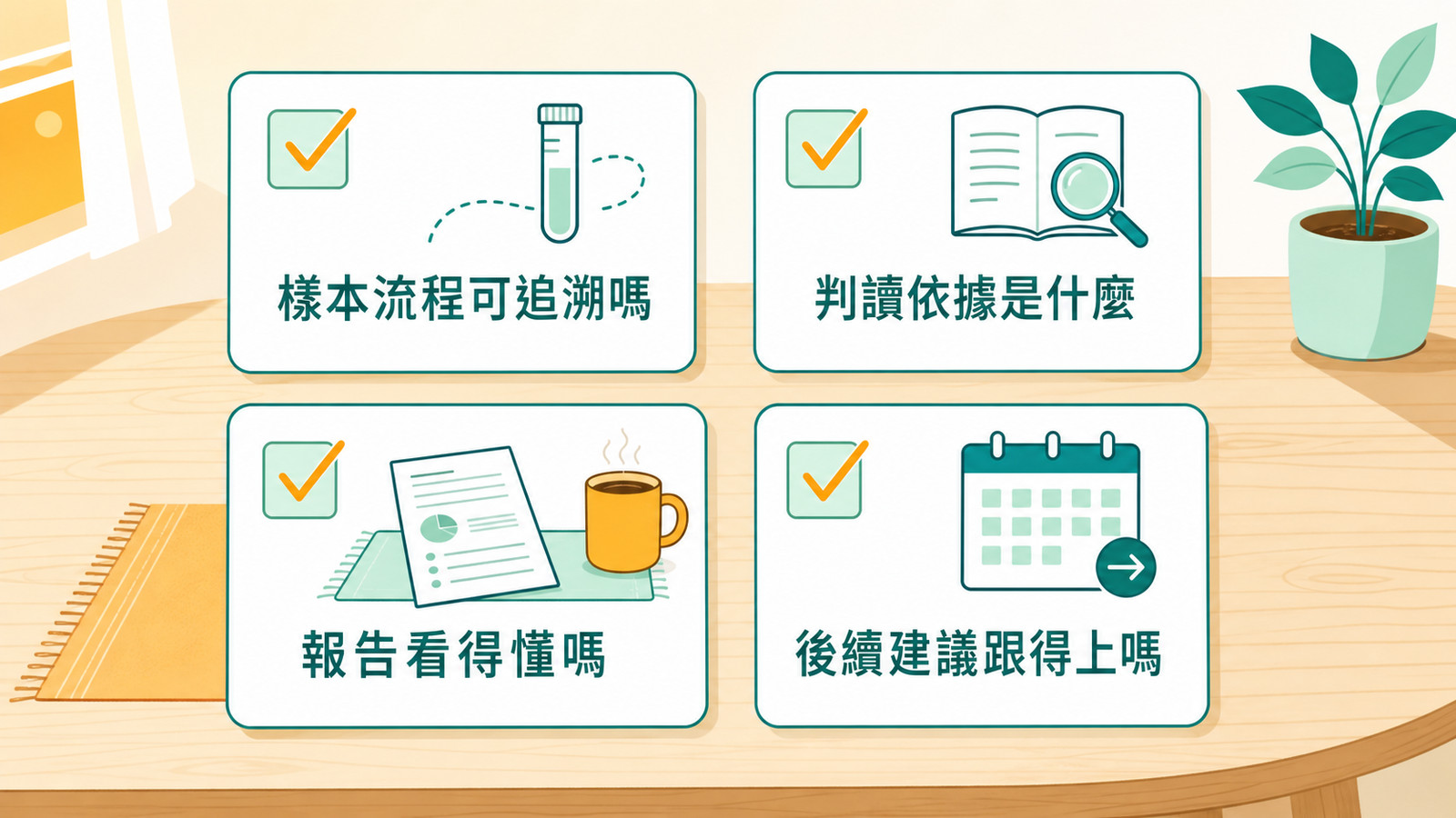 基因檢測品質怎麼看｜怎麼選：樣本流程可追溯嗎、判讀依據是什麼、報告看得懂嗎、後續建議跟得上嗎。四張提問卡片列出挑選基因檢測前該問的事，也是先見基因自我檢視的標準。