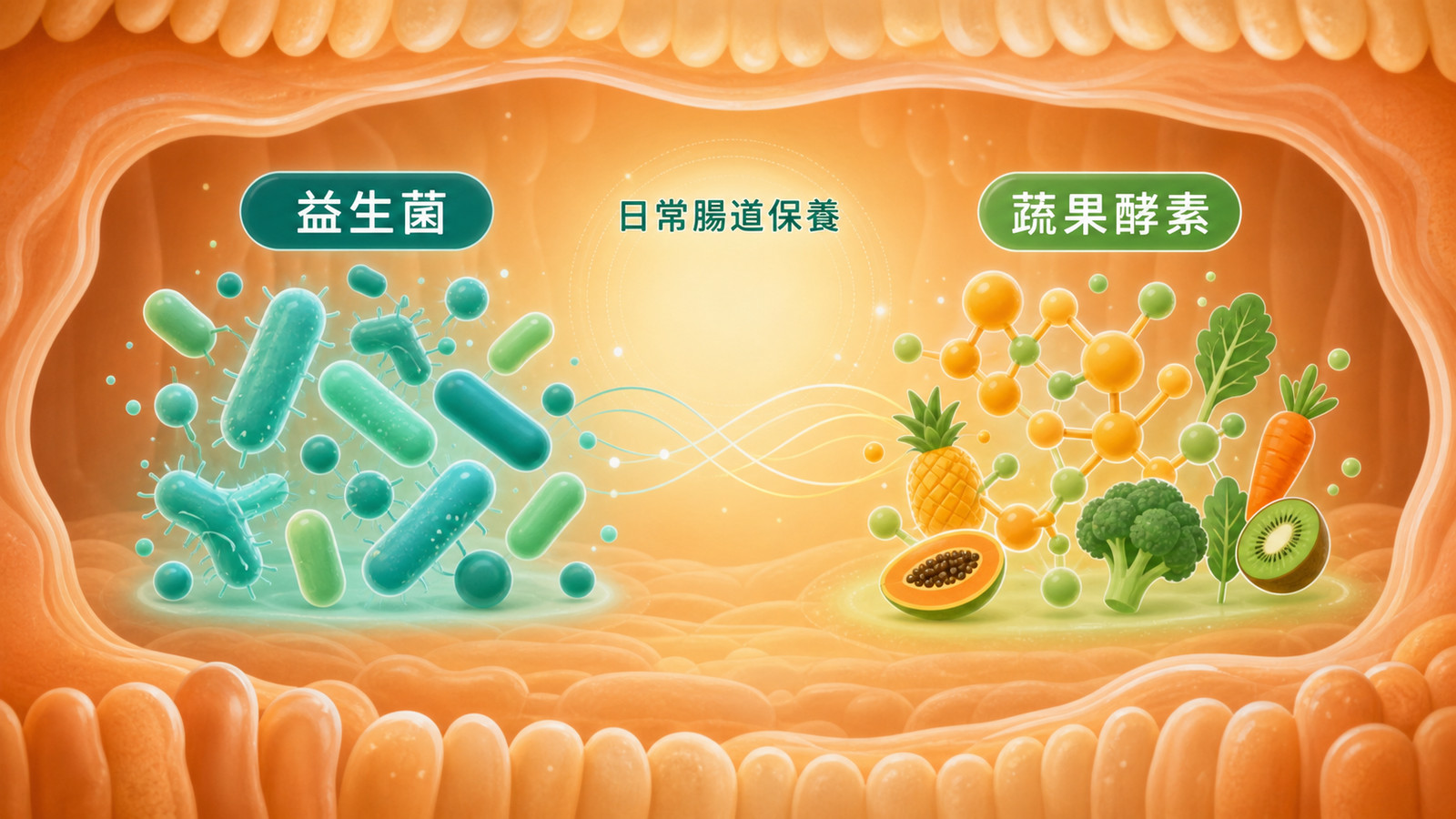 益生菌前 15 天打底：插畫呈現益生菌與蔬果酵素並列，說明兩者為何排在每月前 15 天的基礎類，是常見的益生菌推薦邏輯。