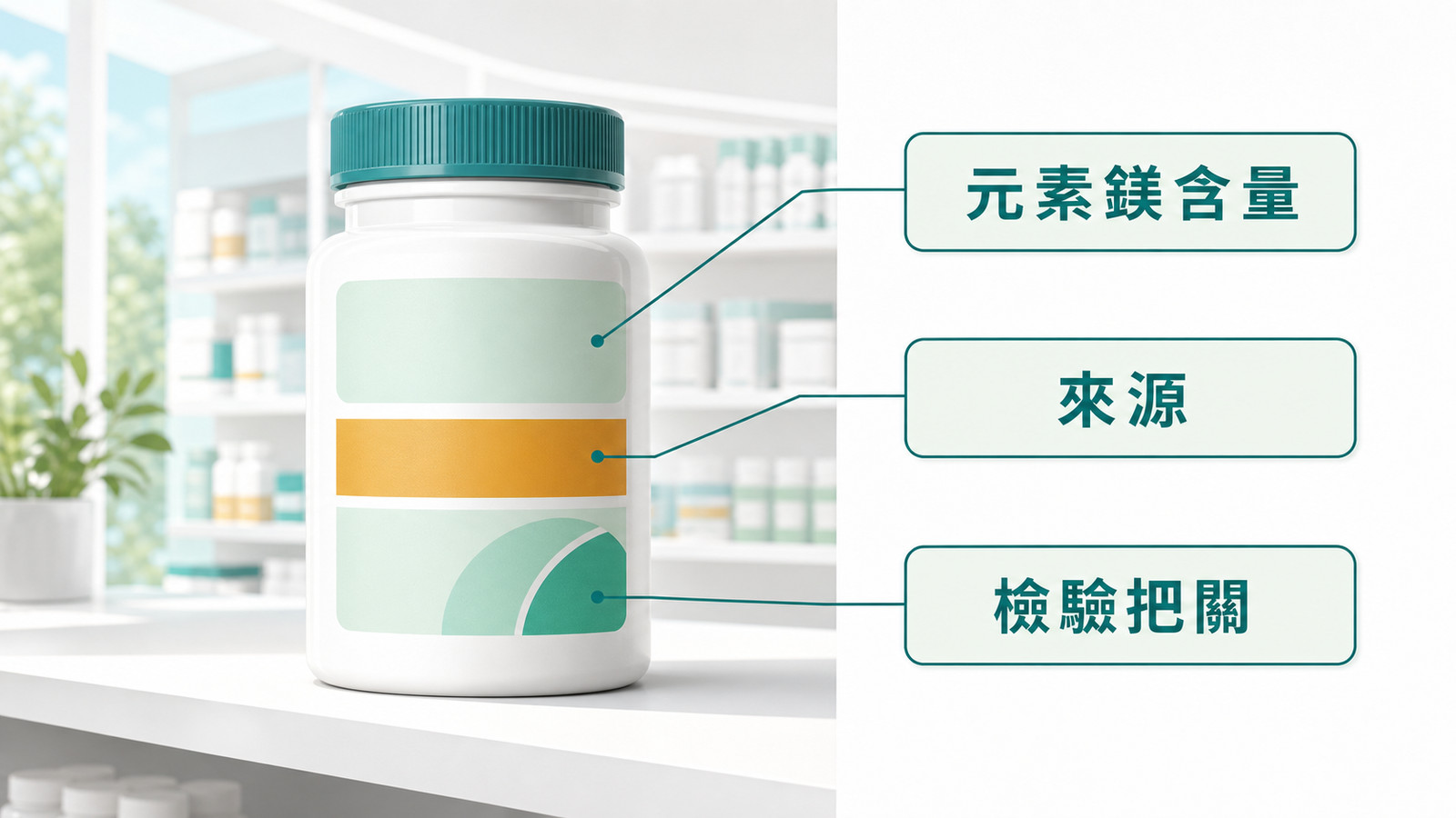 藥局貨架上一罐鎂補充品的瓶身標籤特寫，標出挑鎂真正該看的：元素鎂含量、來源、檢驗把關，屬海洋鎂與氧化鎂選購科普。