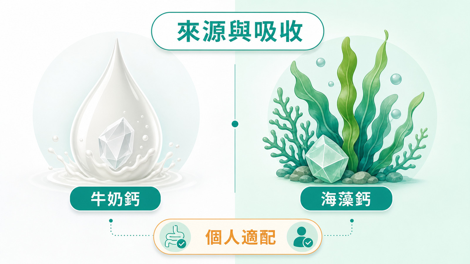 更年期保健食品 | 牛奶鈣與海藻鈣比較示意：兩種鈣的來源與吸收差異，並標示個人適配（腸胃接受度與需求）。