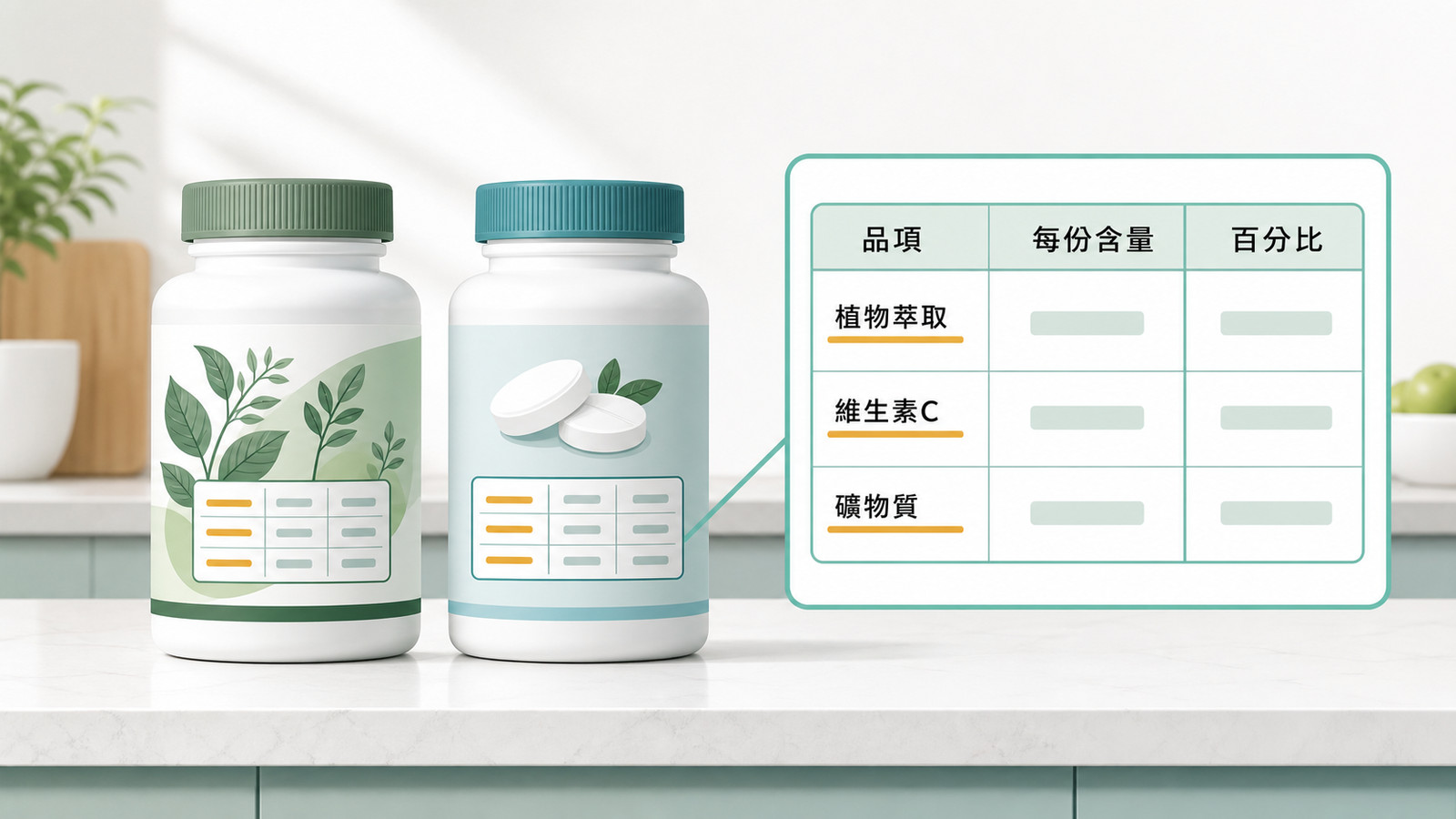 看懂天然維他命與合成維生素標示：兩罐綜合維生素旁放大成分表，標出品項、每份含量、佔每日參考值三欄怎麼對照。