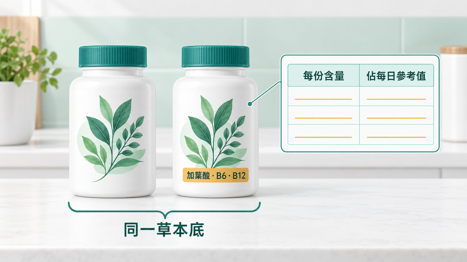 天然維生素比較：BLNC 兩支綜合維生素標示兩罐都用同一份草本萃取底，其中一罐另外加了葉酸、B6、B12，旁邊放大成分表，標出品項、每份含量、佔每日參考值三欄怎麼對照。
