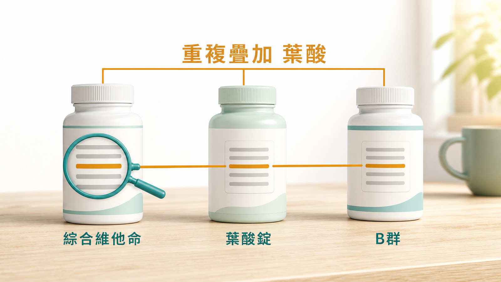 一體適用保健食品迷思 | 補過頭的代價：綜合維他命、葉酸錠、B群三罐的成分列以琥珀色連線標出重複疊加葉酸，放大鏡停在成分標示上——保健食品一起吃，同一種營養素可能被重複補。