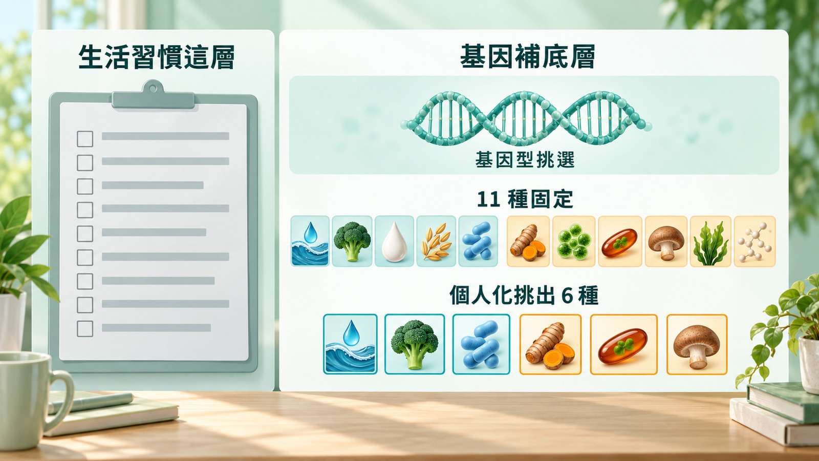 保健食品成分 | 兩層對照：左側問卷照得到你會變的生活習慣那層，右側以基因雙螺旋補上天生看不到的底層、從 11 種固定保健食品成分中依基因型客製、以高亮邊框挑出 6 種，說明兩層一起看才完整。