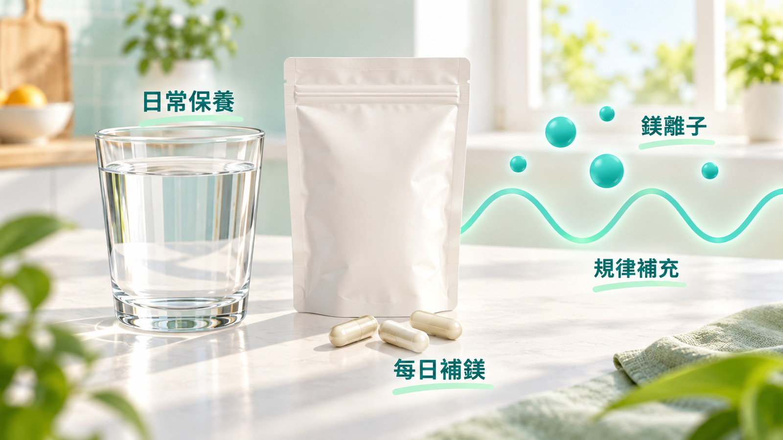 睡眠鎂保健食品 | 鎂與日常保養節奏：水杯與海洋鎂營養包呈現把鎂排進每天固定的保養節奏，背景以無字樣的鎂離子圓點示意鎂這項礦物質。