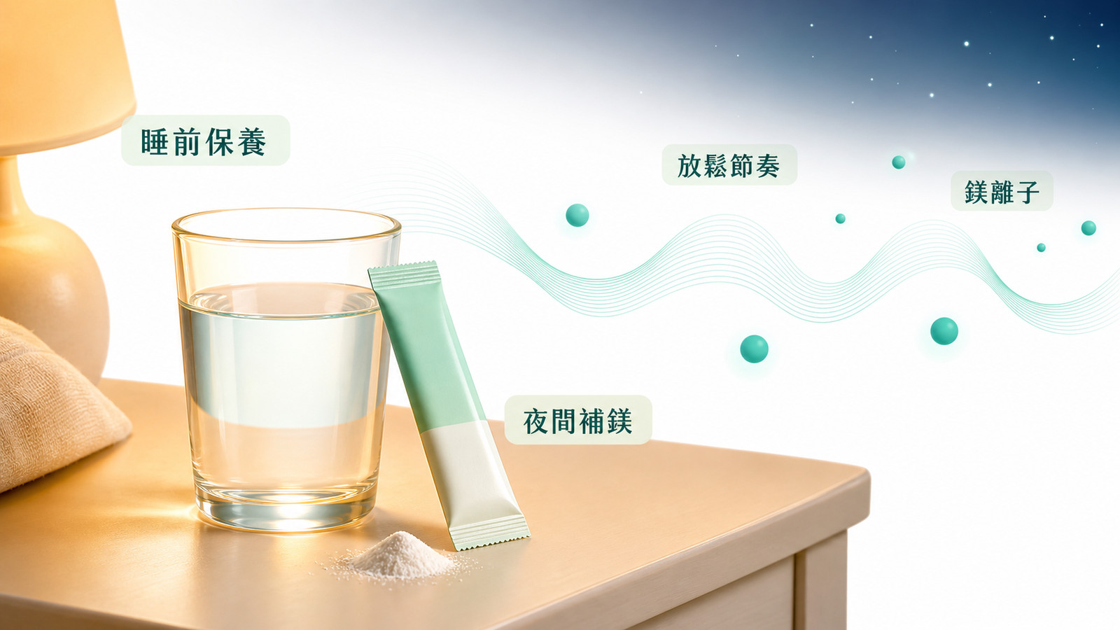 Magnesium sleep supplement | Magnesium and a bedtime relaxation routine: a glass of water and a marine-magnesium packet represent adding magnesium to nightly care, while unlabeled magnesium-ion dots and a broad, gentle waveform in the background illustrate a relaxation rhythm as part of an everyday nighttime plan.