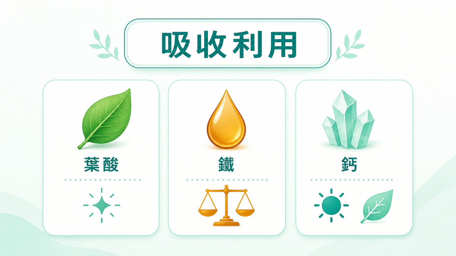 女性保健食品完整指南 | 三大營養吸收利用：葉酸、鐵、鈣三個圖示，分別標示活性形式、適量不過量、鈣需要維生素 D 與維生素 K 一起搭配，強調挑對形式比劑量更重要。