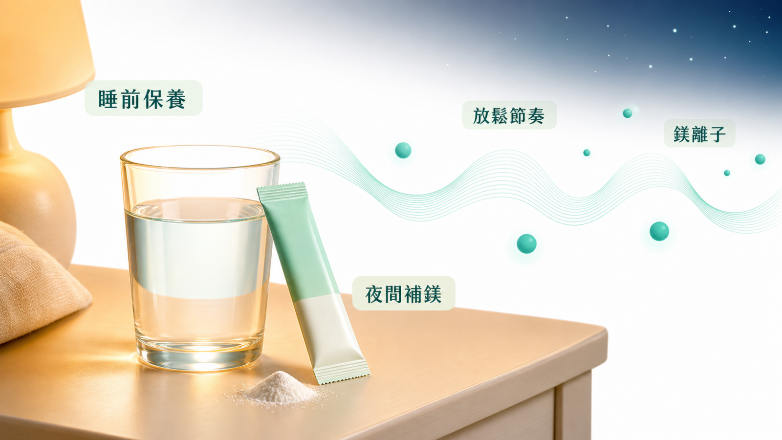 睡眠鎂保健食品 | 鎂與睡前放鬆節奏:睡前水杯與海洋鎂營養包呈現把鎂排進每晚保養,背景以無字樣的鎂離子圓點與平緩寬波形並存示意放鬆節奏,作為夜間補鎂的日常安排。