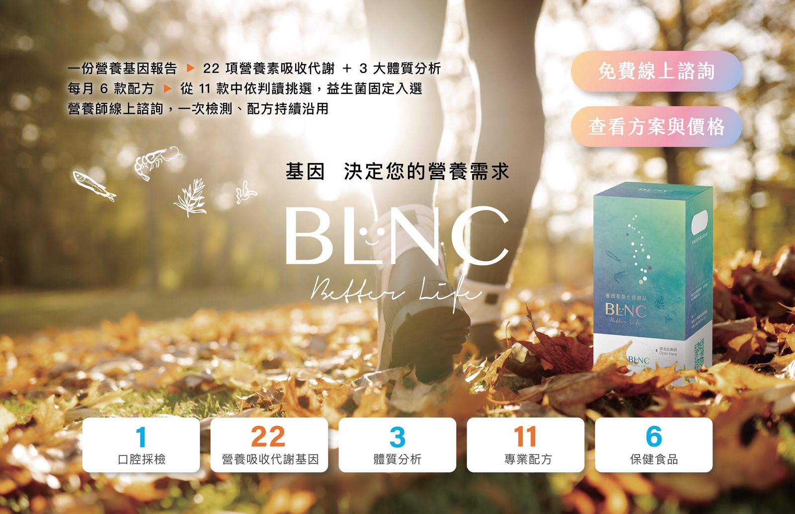 BLNC 基因客製化保健食品：一份營養基因報告（22 項營養素吸收代謝＋3 大體質分析），每月 6 款配方從 11 款中依判讀挑選、益生菌固定入選，營養師線上諮詢，一次檢測、配方持續沿用。1 次口腔採檢、22 項營養吸收代謝基因、3 大體質分析、11 款專業配方、6 款保健食品。