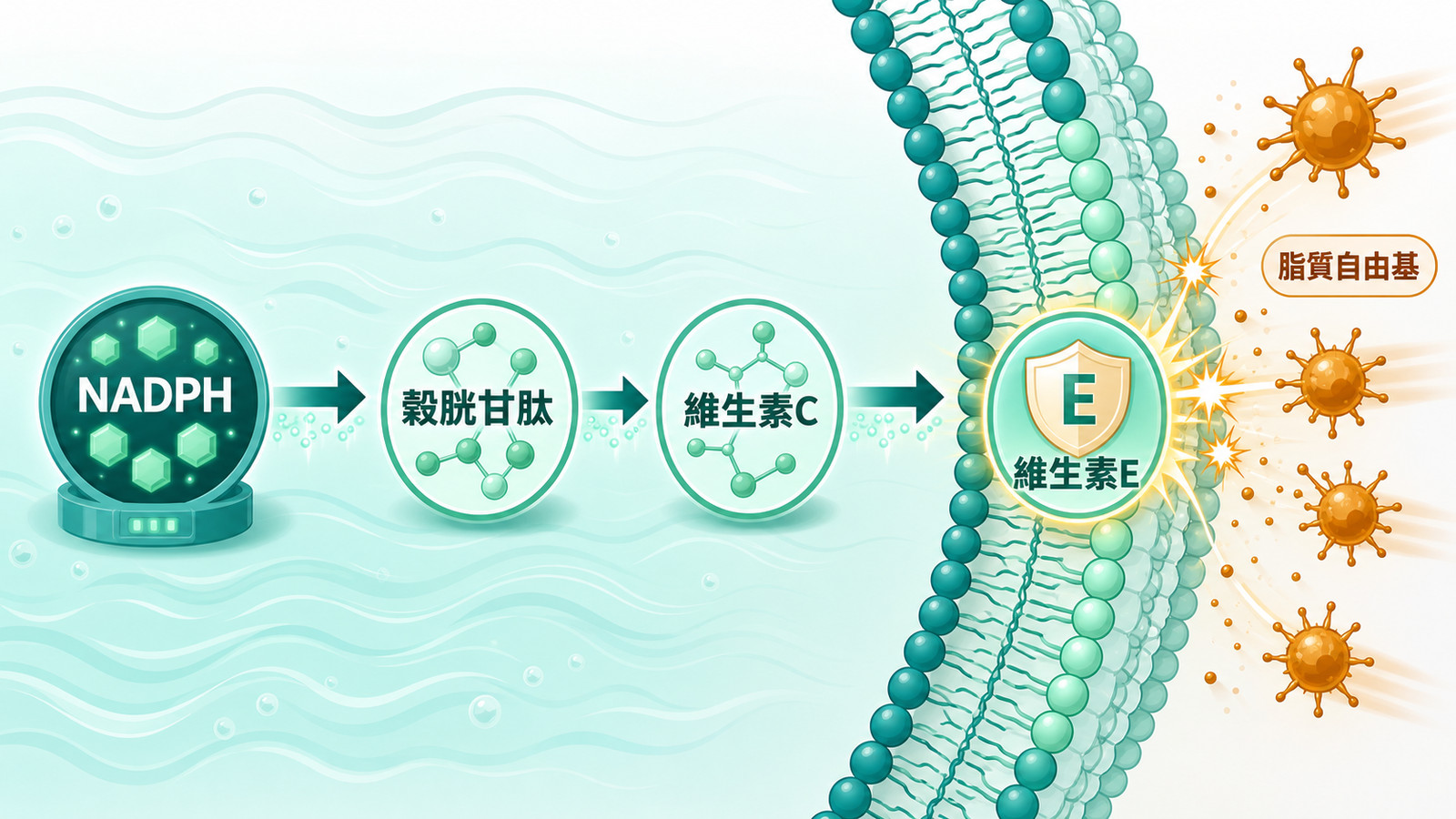 穀胱甘肽抗氧化還原力網絡示意(成分性質示意、非產品功效)| 穀胱甘肽、維生素C、維生素E 與 NADPH 共同參與氧化還原網絡,彼此互相支援,水相與脂相各有角色。