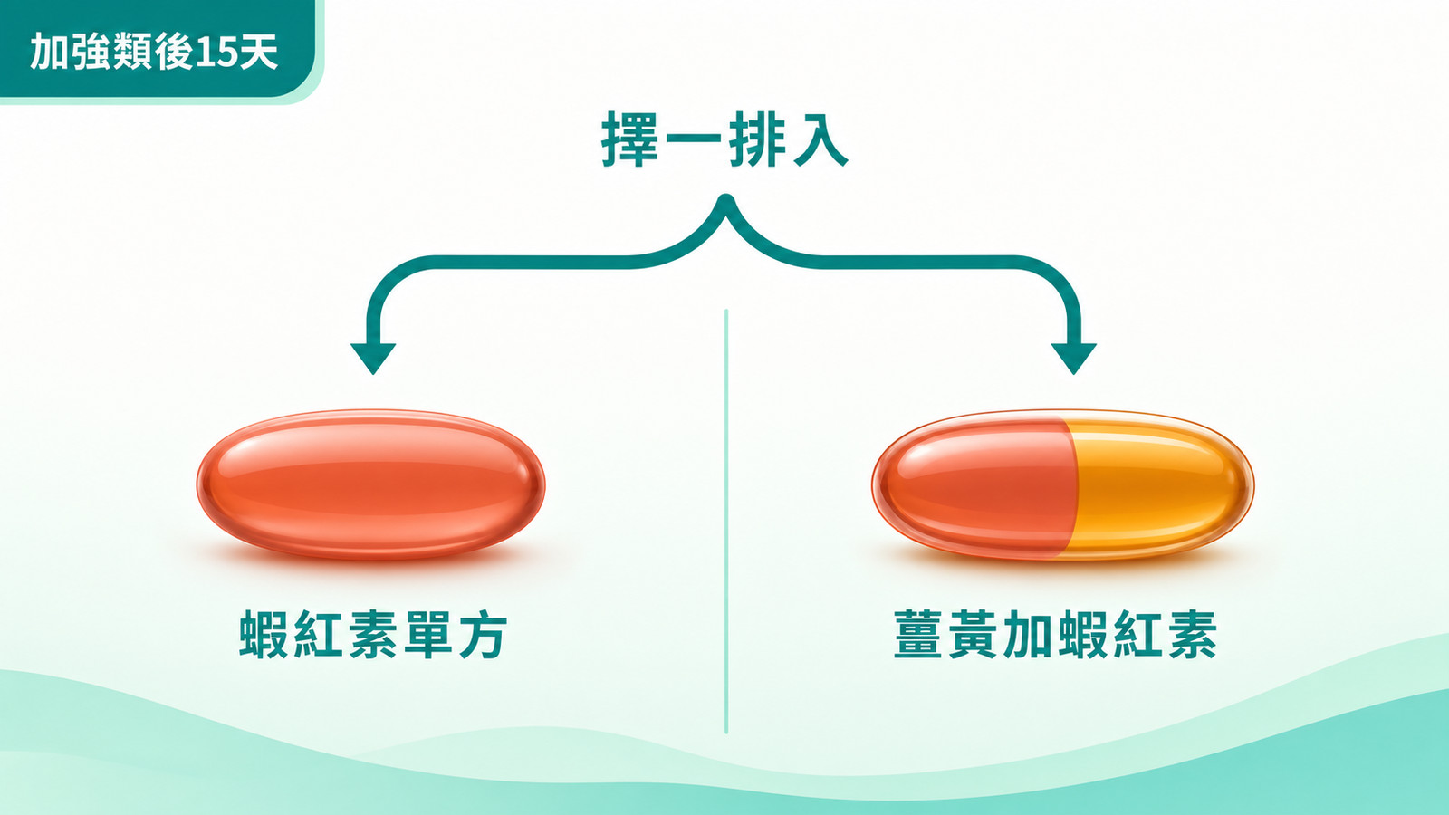 蝦紅素功效 | 兩支配方比較:蝦紅素單方與薑黃加蝦紅素,依個人需求擇一排入後 15 天加強類。