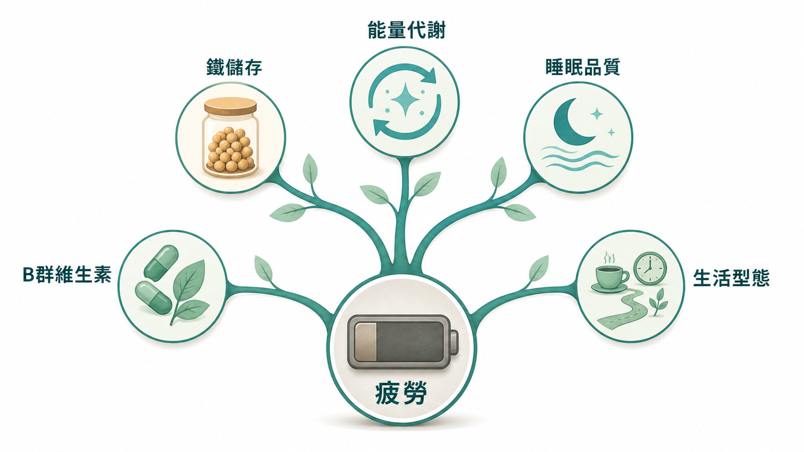 慢性疲勞常見原因樹狀圖,從鐵儲存、B 群、能量代謝到睡眠品質與生活型態,說明疲勞原因往往不只一個。
