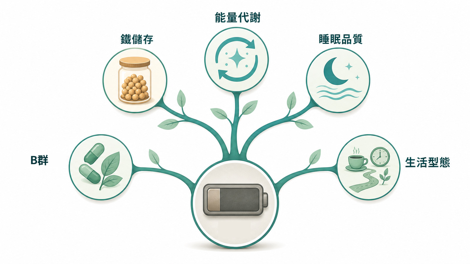慢性疲勞常見原因樹狀圖,從鐵儲存、B 群、能量代謝到睡眠品質與生活型態,說明疲勞原因往往不只一個。