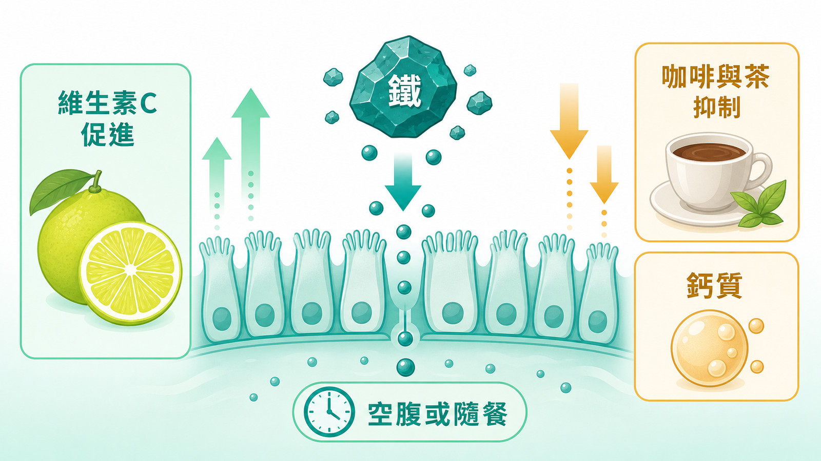 基因與鐵質吸收 | 鐵吸收的促進與抑制因子示意:維生素C促進,咖啡茶與鈣質抑制,並標示空腹或隨餐時機。