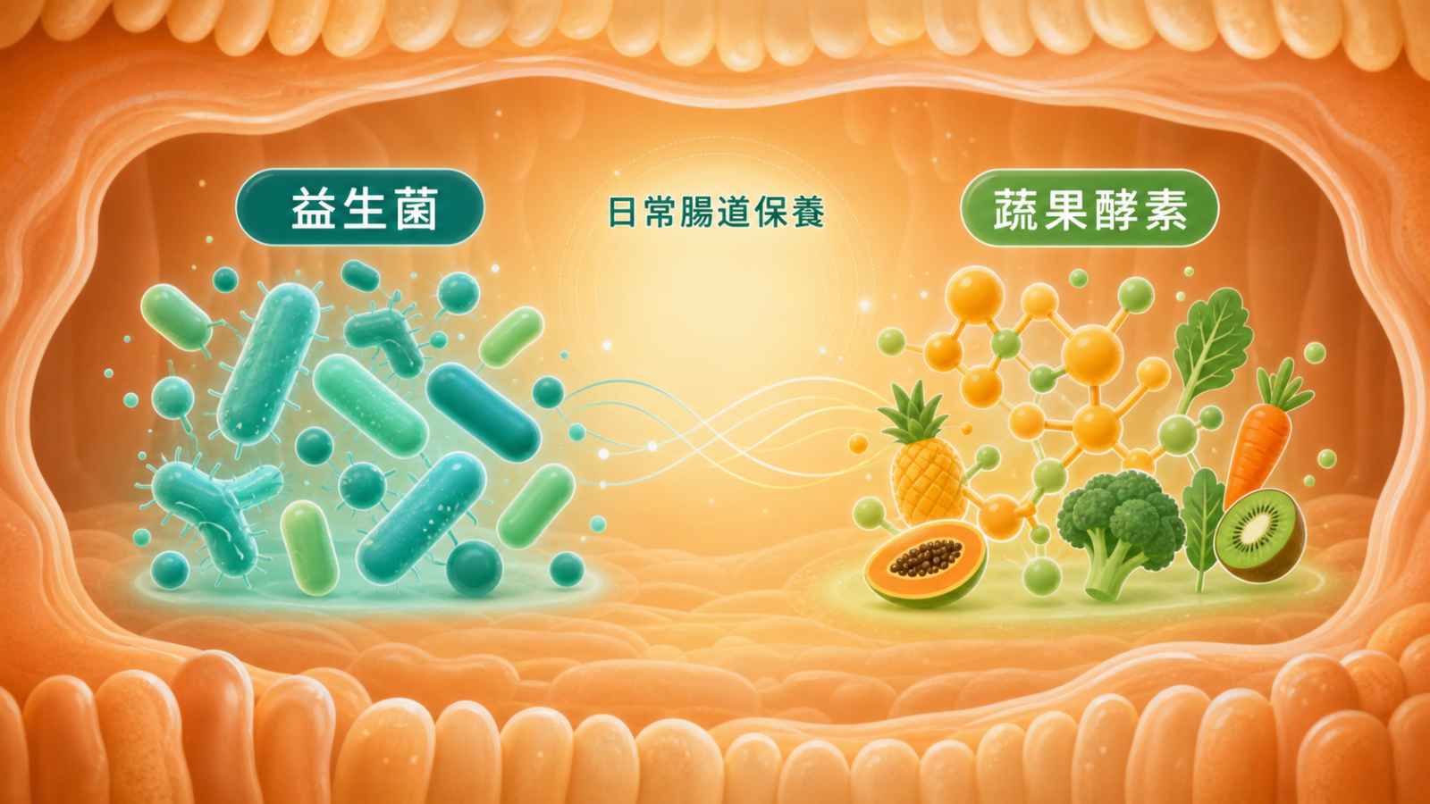 益生菌前15天打底:插畫呈現益生菌與蔬果酵素並列、一起作為腸道日常打底,說明益生菌與腸道保養為何排在前 15 天基礎類打底,是常見的益生菌推薦邏輯。