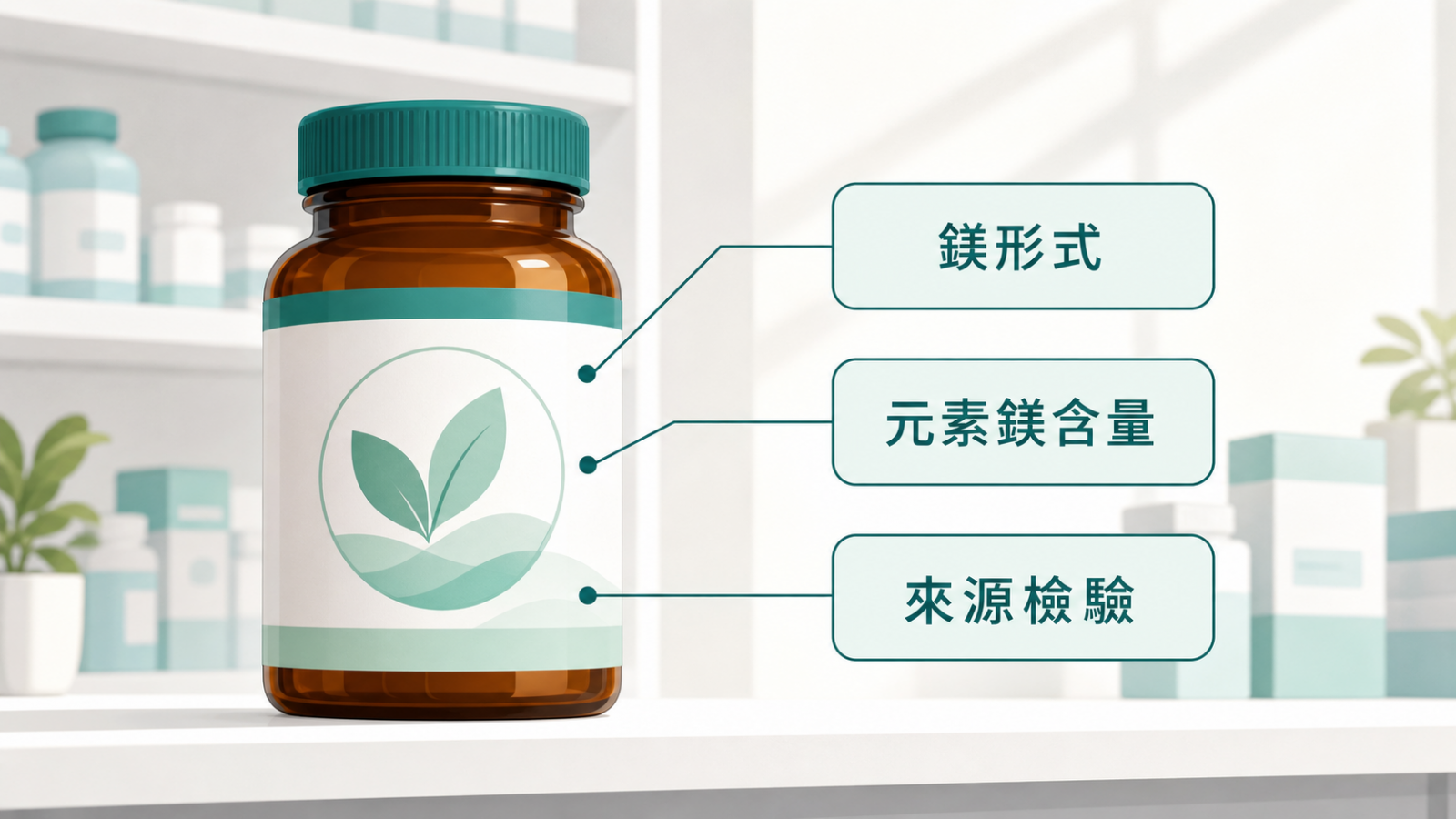 藥局貨架上一罐鎂補充品的瓶身標籤特寫,標出判斷鎂吸收率要看的三件事:鎂形式、元素鎂含量、來源檢驗。