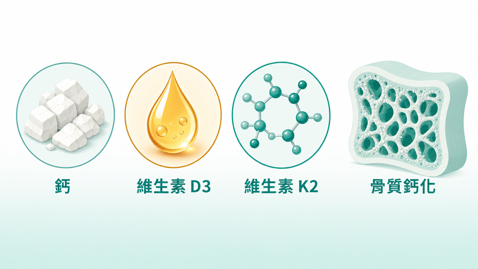 更年期保健食品|協作圖:鈣、維生素 D3、維生素 K2 三種營養素並列於骨質科普示意旁,說明補鈣的營養搭配,屬營養機制的科普示意,非疾病或治療描述。