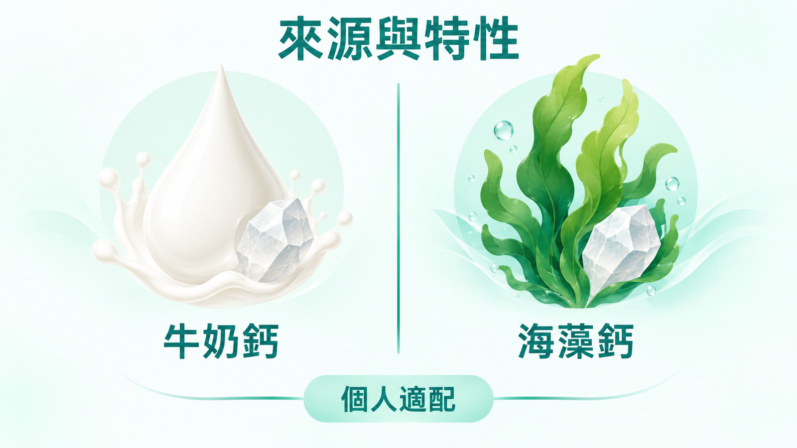 更年期保健食品 | 牛奶鈣與海藻鈣比較示意:兩種鈣的來源與特性比較,並標示個人適配(腸胃接受度與需求)。