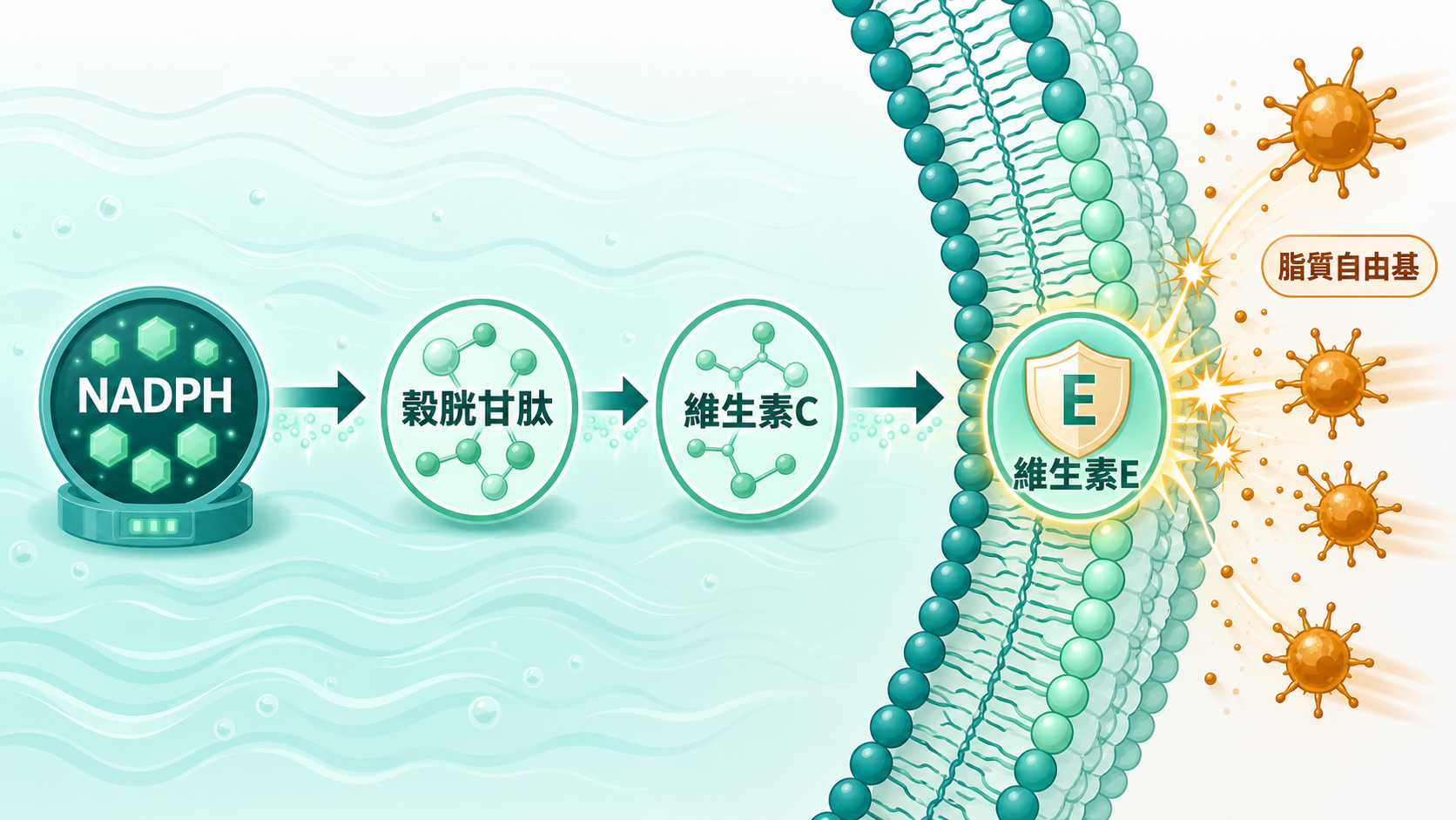 穀胱甘肽抗氧化還原力網絡示意(成分性質示意、非產品功效)| 穀胱甘肽、維生素C、維生素E 與 NADPH 共同參與氧化還原網絡,彼此互相支援,水相與脂相各有角色。