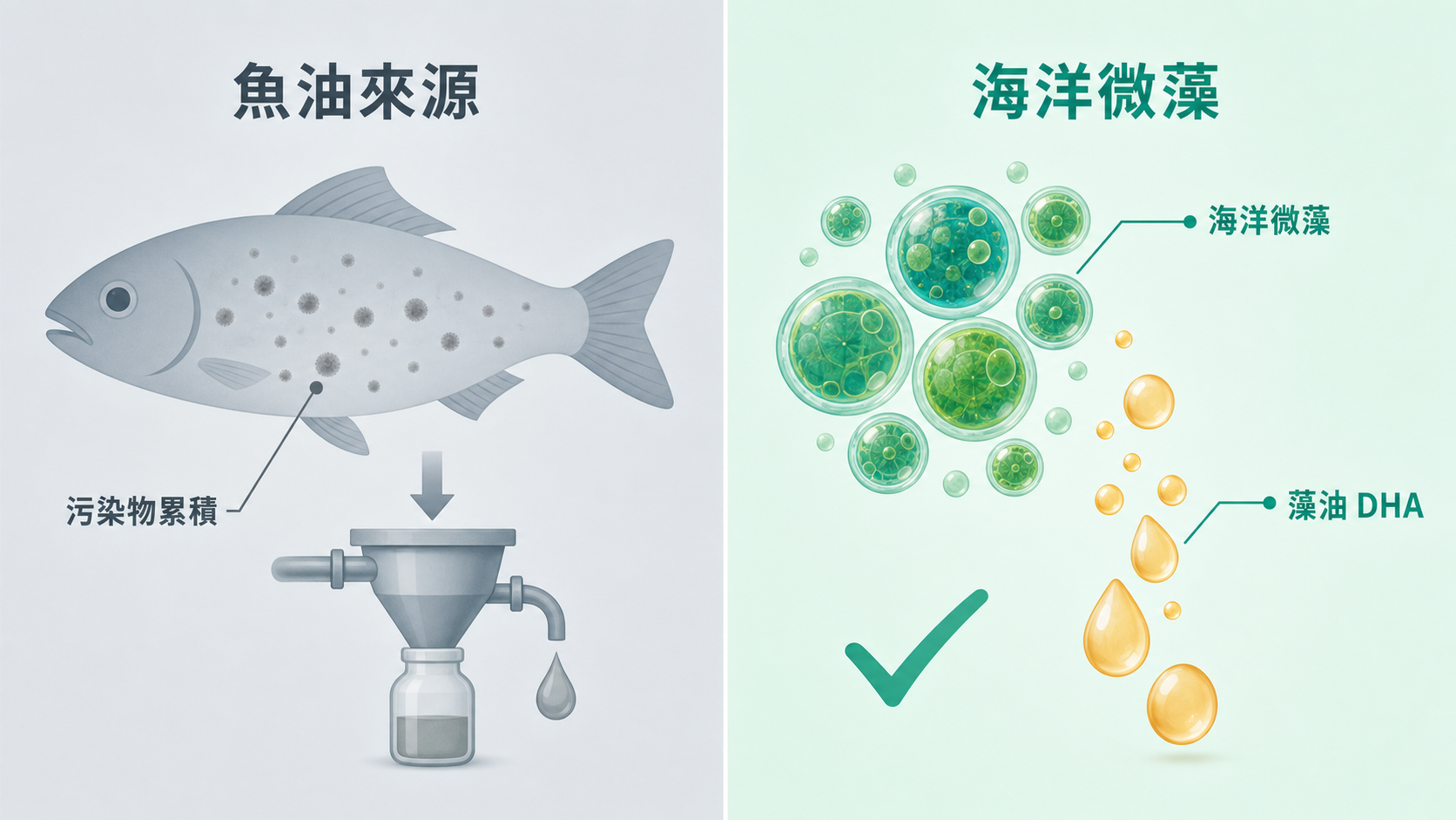 ApoE4 Omega-3 大腦營養來源比較 | 藻油 vs 魚油:左側灰藍色魚油來源萃取需多繞一圈,右側翠綠色海洋微藻細胞直接釋出琥珀色藻油 DHA 油滴,標示為非魚來源並以簡潔勾選標示為 BLNC 選用來源。