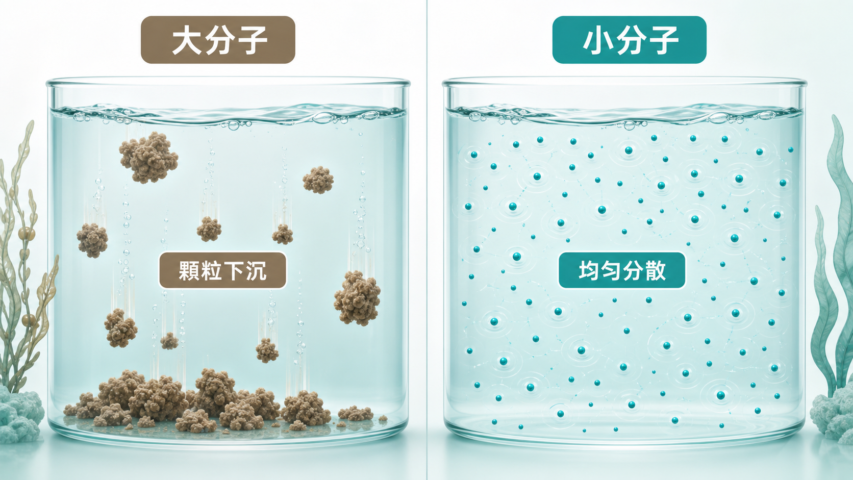 褐藻糖膠功效 | 大分子 vs 小分子:左側大分子顆粒下沉、右側小分子均勻分散,分子量大小影響褐藻糖膠的吸收與海藻保健的挑選。