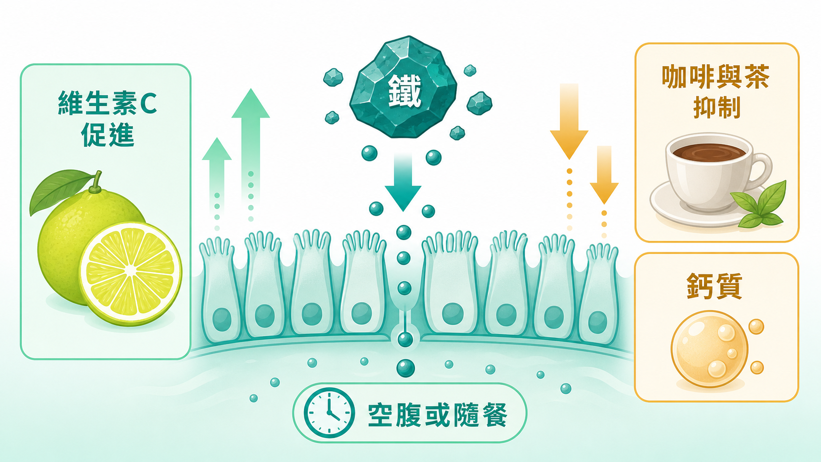基因與鐵質吸收 | 鐵吸收的促進與抑制因子示意:維生素C促進,咖啡茶與鈣質抑制,並標示空腹或隨餐時機。